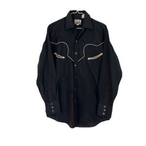Vintage Ely Cattleman Black Western Shirt Square Pearl Snap Mens Medium